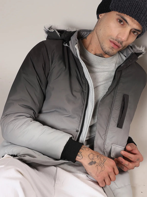 Ombre Puffer Jacket With Fleece Hood - Men-Charcoal-Black-and-Light-Grey-Ombre-Puffer-Jacket-With-Fleece-Hood_1