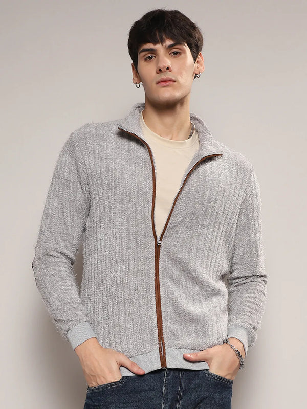 Self-Design Striped Knitted Jacket - Men-Light-Grey-Self-Design-Striped-Sweater_2