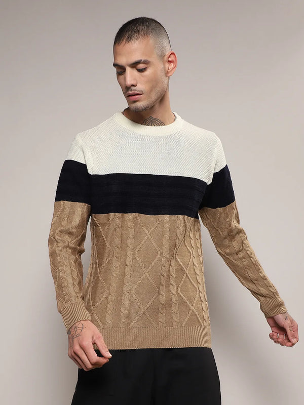 Contrast Panel Cable Knit Sweater - Men-Multicolour-Contrast-Panel-Cable-Knit-Sweater_2