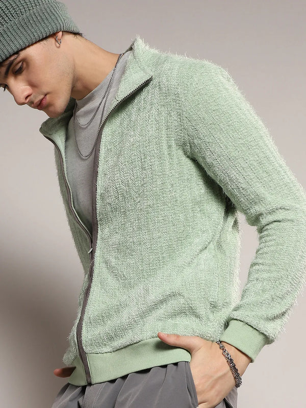 Self-Design Striped Knitted Jacket - Men-Pistachio-Green-Self-Design-Striped-Sweater_1