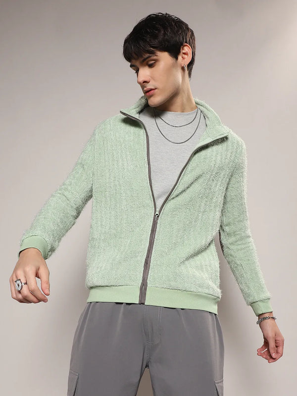 Self-Design Striped Knitted Jacket - Men-Pistachio-Green-Self-Design-Striped-Sweater_2