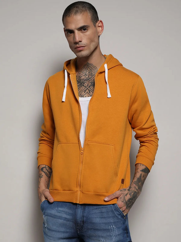 Zip-Front Hoodie With Contrast Drawstring - Mustard-Yellow-Zip-Front-Hoodie-With-Contrast-Drawstring-2