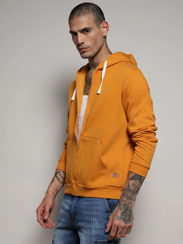 Zip-Front Hoodie With Contrast Drawstring - Mustard-Yellow-Zip-Front-Hoodie-With-Contrast-Drawstring-3