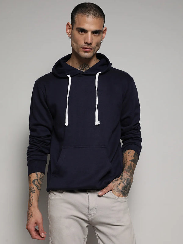 Pullover Hoodie With Contrast Drawstring - Navy-Blue-Pullover-Hoodie-With-Contrast-Drawstring-2