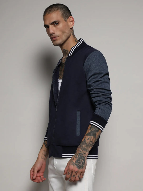 Zip-Front Jacket With Contrast Striped Hem - Navy-Blue-Zip-Front-Jacket-With-Contrast-Striped-Hem-3