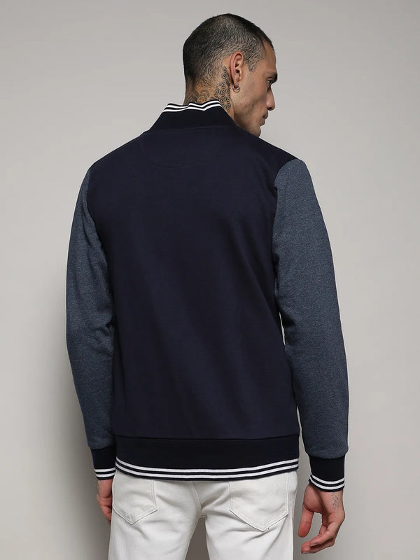 Zip-Front Jacket With Contrast Striped Hem - Navy-Blue-Zip-Front-Jacket-With-Contrast-Striped-Hem-4