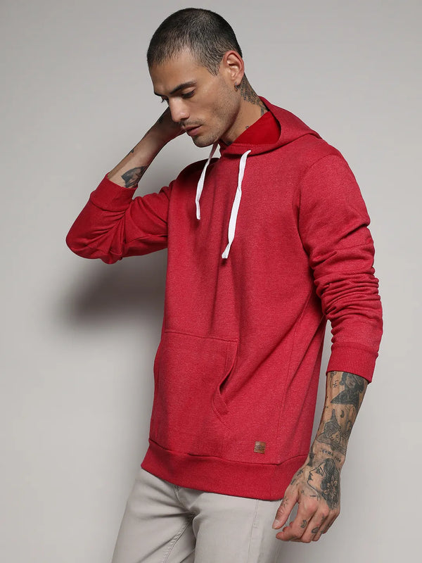 Pullover Hoodie With Contrast Drawstring - Red-Pullover-Hoodie-With-Contrast-Drawstring-3