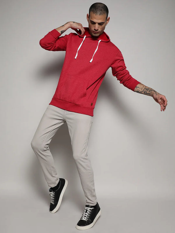 Pullover Hoodie With Contrast Drawstring - Red-Pullover-Hoodie-With-Contrast-Drawstring-5