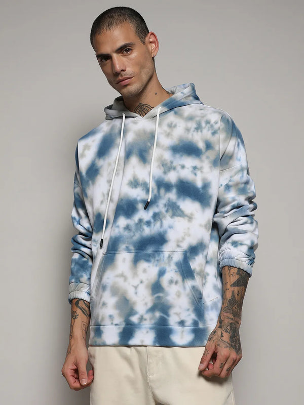 Tie-Dye Oversized Hoodie With Kangaroo Pocket - White-and-Indigo-Blue-Tie-Dye-Hoodie-With-Kangaroo-Pocket-2