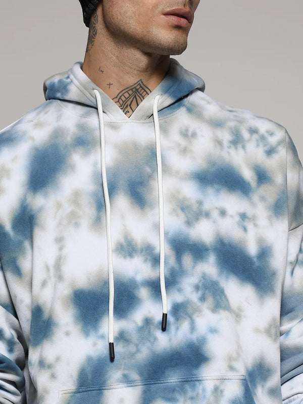 White & Indigo Blue Tie-Dye Hoodie With Kangaroo Pocket