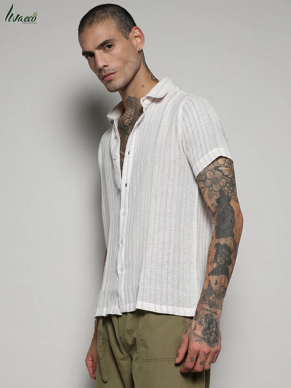 Unbalanced Striped Woven Shirt - White-and-Lavender-Unbalanced-Striped-Woven-Shirt-3