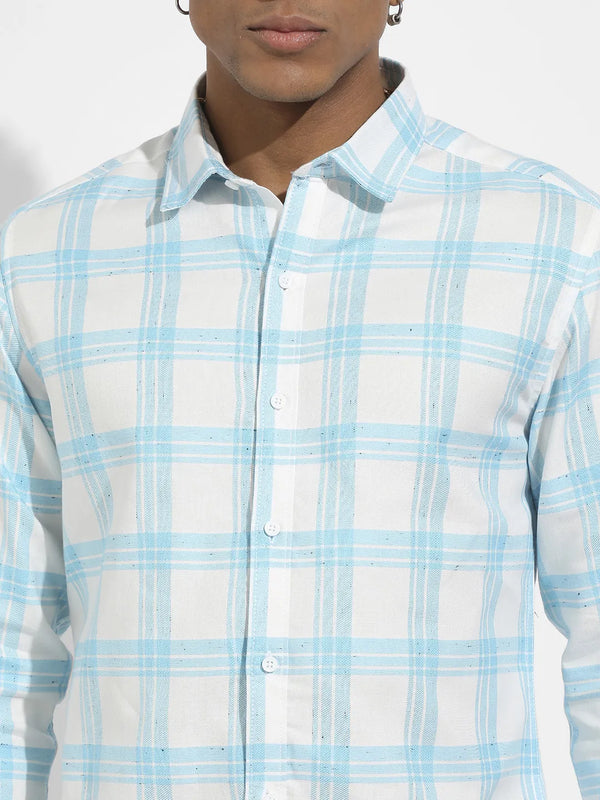 White & Light Blue Tartan Plaid Shirt