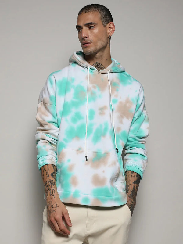 Tie-Dye Oversized Hoodie With Kangaroo Pocket - White-and-Mint-Green-Tie-Dye-Hoodie-With-Kangaroo-Pocket-2