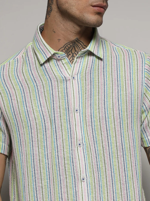 Yellow & Pink Unbalanced Striped Woven Shirt