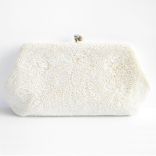 Vintage Cream Ivory Beaded Purse Handbag 1960s MOD Made Hong Kong Evening  Clutch