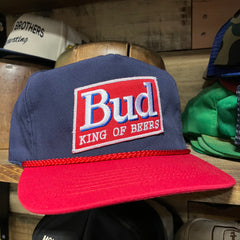 Custom Bud King Of Beers Beer Vintage Rope Golf Navy Blue Red Brim Zip Old School Hats