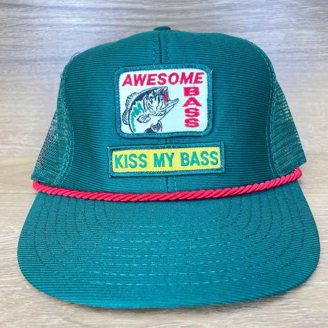 Kiss My Bass Fishing Baseball Cap Green Black Embroidered Fish Hat Adj  Strapback