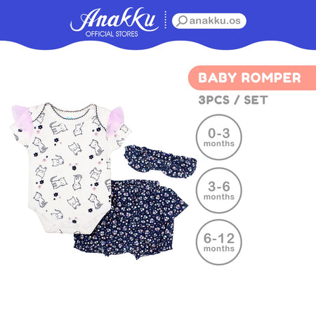 Anakku 3pcs Newborn Baby Girls Snap-on Button Rompers Set Combo | Baju Bayi Perempuan [0-12M] EAK426-2