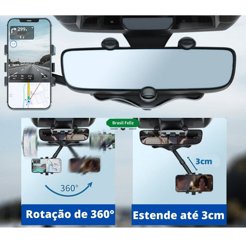 Suporte para celular no retovisor que possui rotação de 360° e estende até 3cm