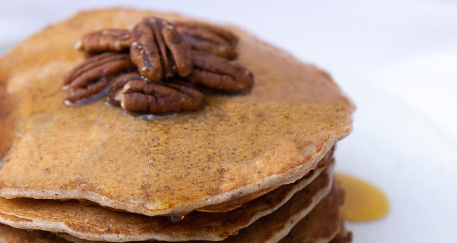 Pecan and cinnamon pancake stack