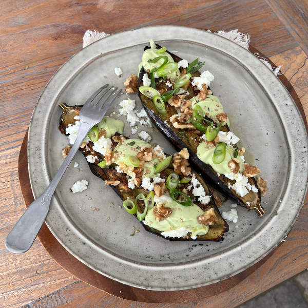 Roasted Aubergines with Feta and Avocado