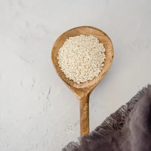 Wooden spoon filled with sesame seeds