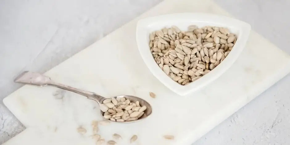 Small white bowl and teaspoon filled with sunflower kernels