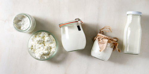 Flat lay of dairy foods like milk, cottage cheese and mayo