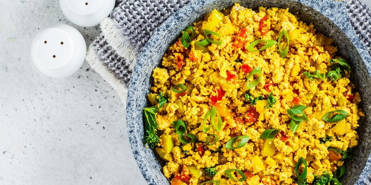 High protein, low-carb, vegan breakfast idea; scrambled tofu.