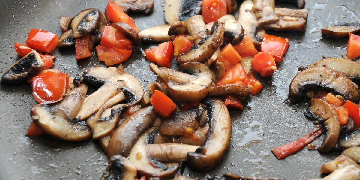 High protein, low-carb, vegan breakfast idea; Fried tomatoes and mushrooms.