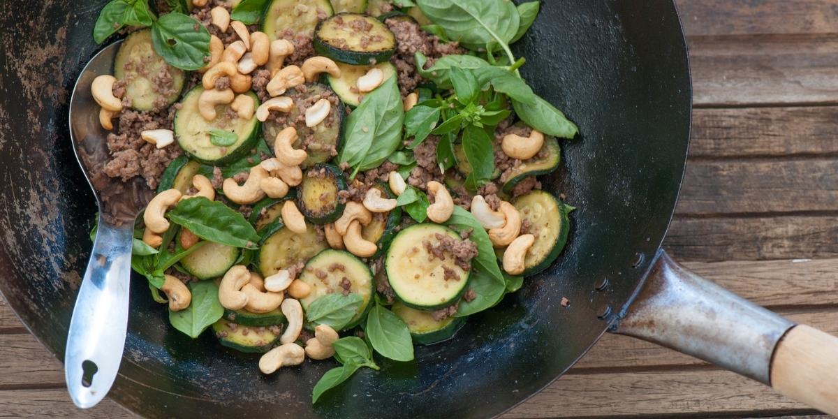Beef, cashew and courgette stir fry.