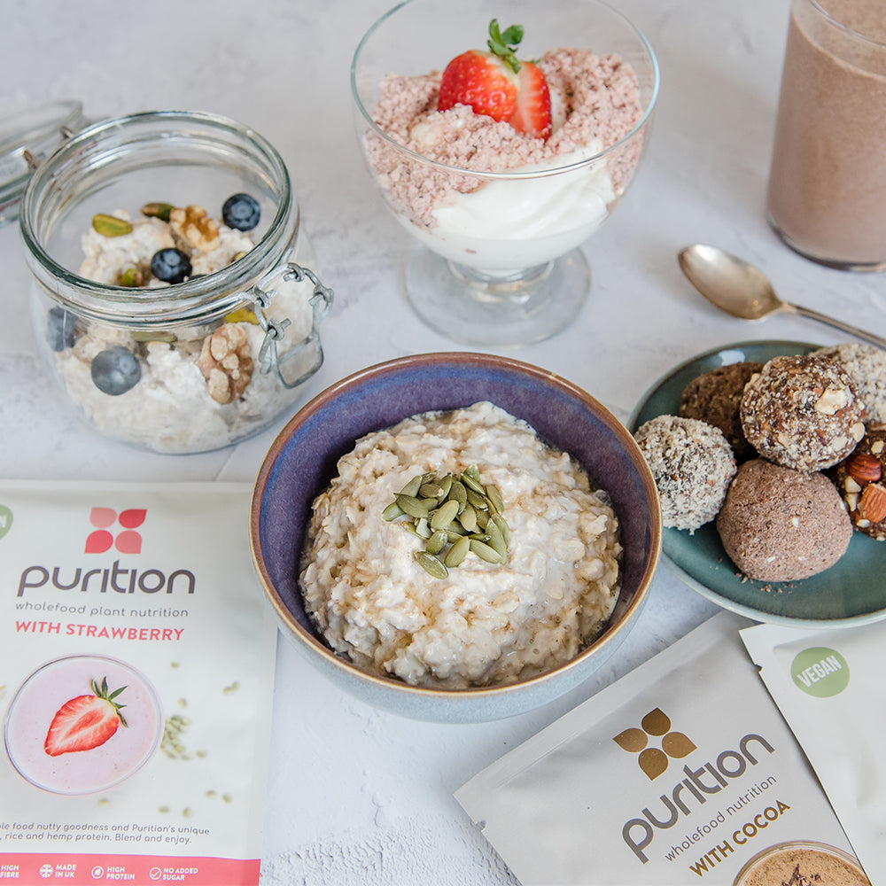 Group shot of Purition prepared 5 ways; overnight oats, porridge, yoghurt bowl, energy balls and a meal shake.