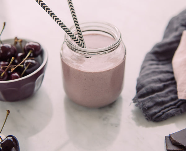 Purition Cocoa made into a low-carb Cherry and chocolate breakfast smoothie.