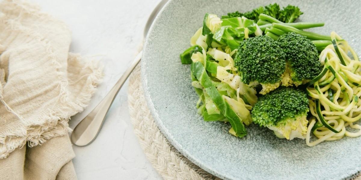 Bowl of broccoli, cabbage and courgetti noodles