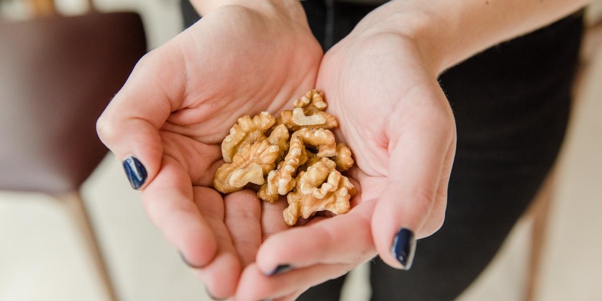 Close up of hands holding a few walnuts