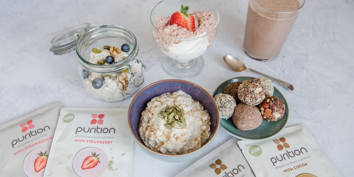 Purition served 5 ways; overnight oats, porridge topper, meal shake, protein balls, Purition yoghurt bowl.