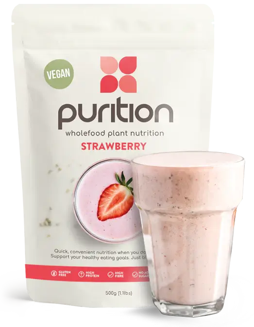 Bag of Purition Vegan Strawberry with glass