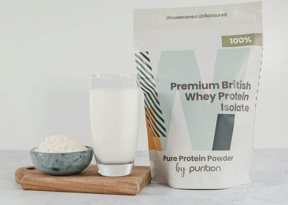 A bag of Premium British Whey Protein Isolate by Purition