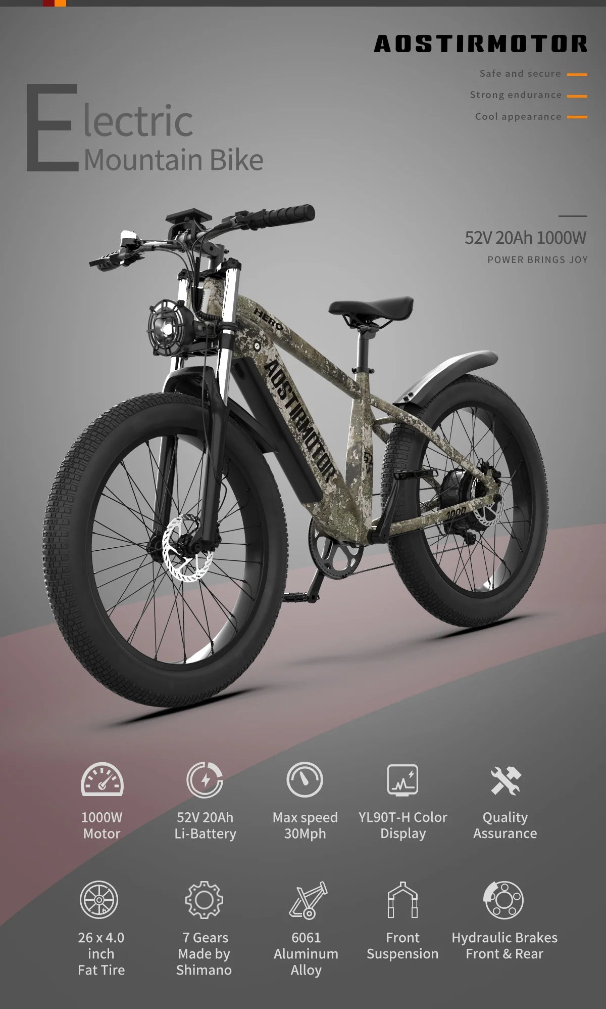 Aostirmotor Hero 1000W 52V Off-Road Fat Tire Electric Bike Specifications
