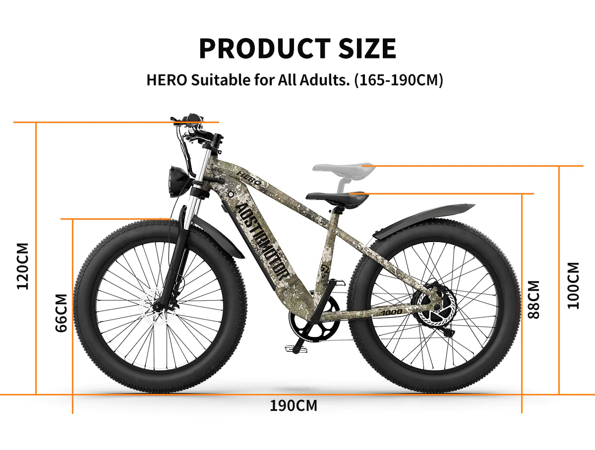 Aostirmotor Hero 1000W 52V Off-Road Fat Tire Electric Bike Dimensions - Measurements