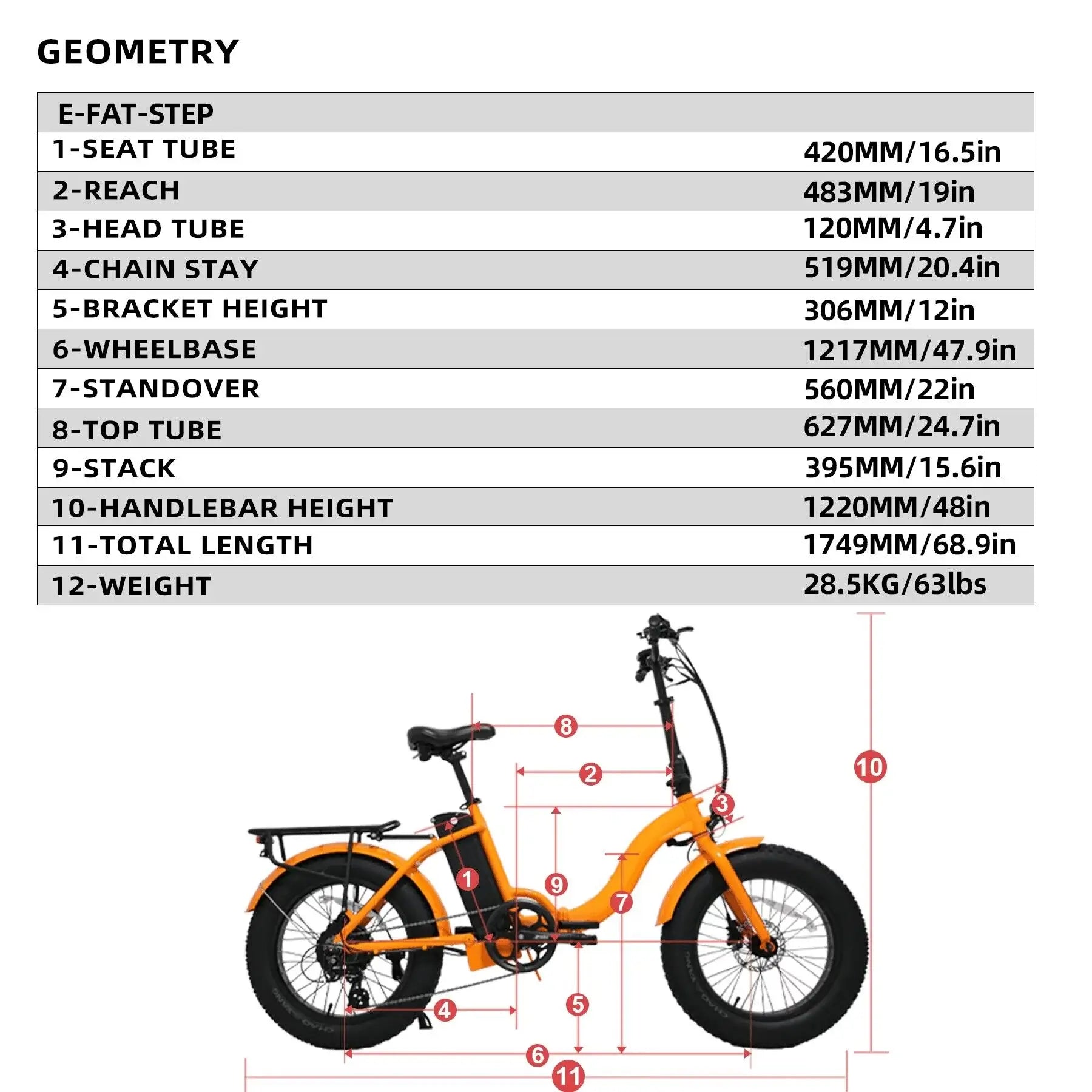 EUNORAU E-FAT-STEP 48V500W 20'' Foldable Step-Thru Fat Tire Electric Bike With White/Orange/Cream Color Measurements