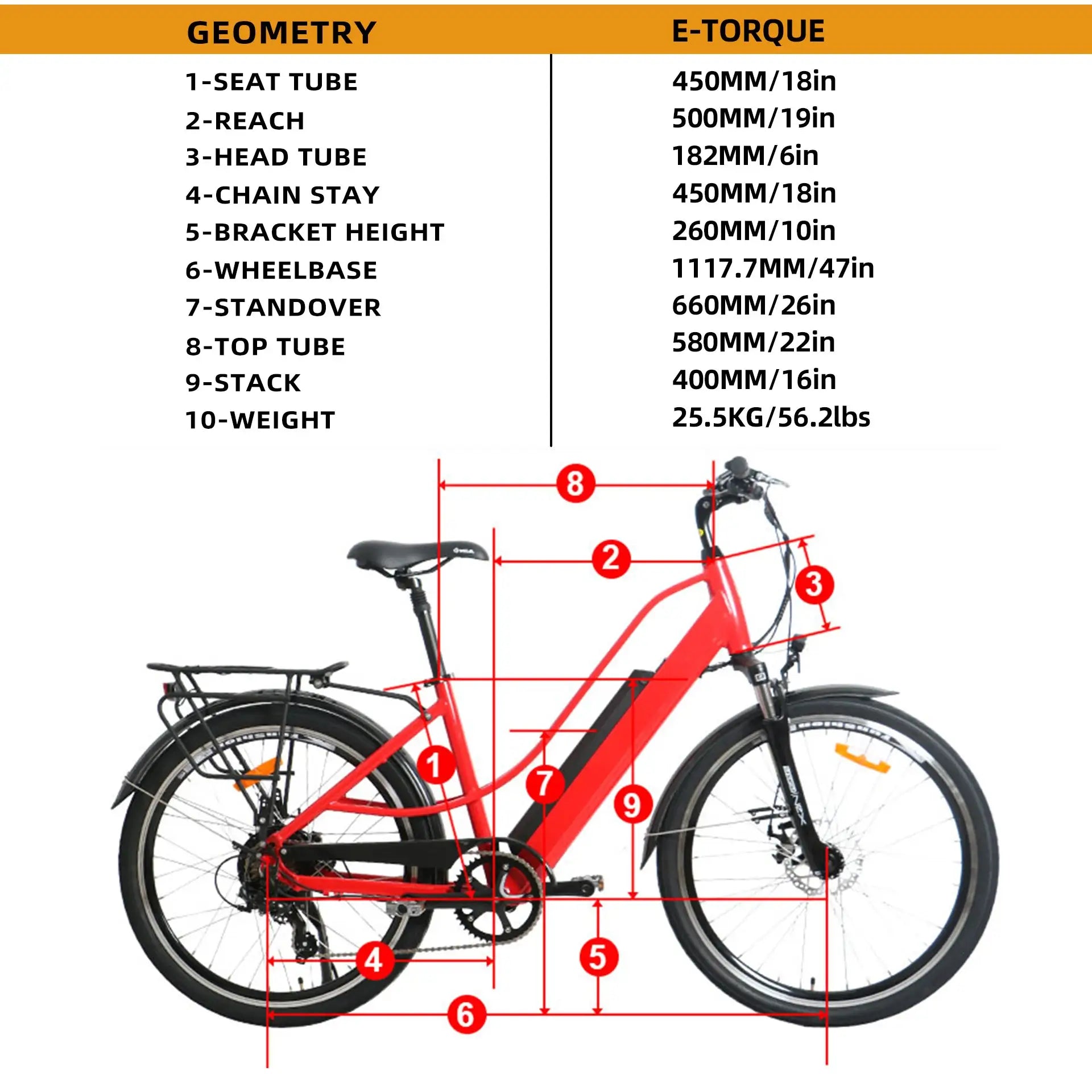 EUNORAU E-TORQUE Step-Through 350W 36V Cruiser Electric Bike Measurements