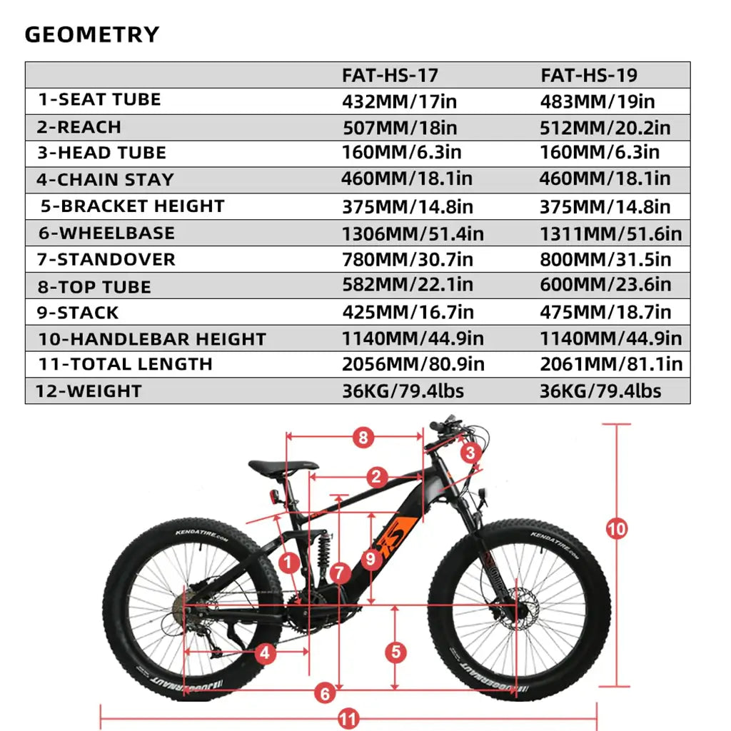 EUNORAU FAT-HS Fat Tire 1000W 48V Mountain Electric Bike Measurements