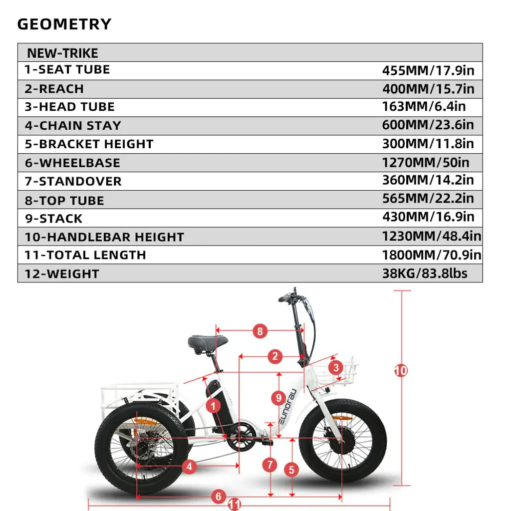 EUNORAU NEW-TRIKE  500W 48V Step Through Fat Tire Folding Electric Tricycle Geometry