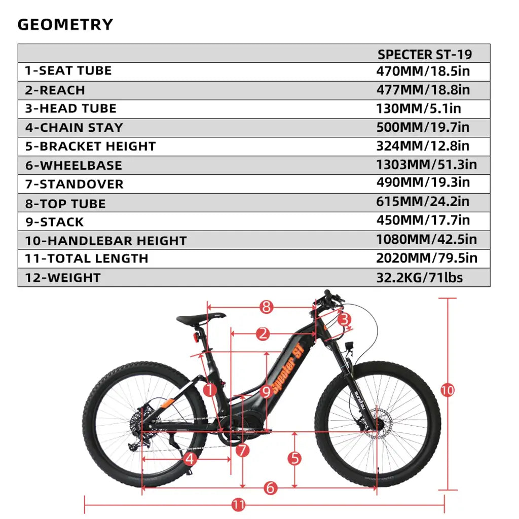 Eunorau SPECTER-ST 48V / 30A 1000W Dual Battery Cargo Bike size chart