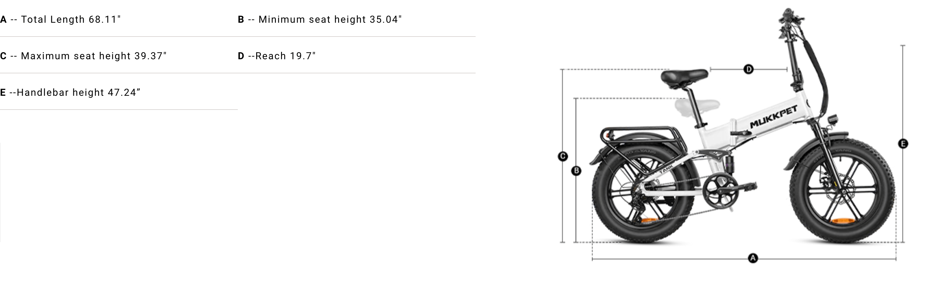 Mukkpet Tank 48V 750W Foldable Fat Tire Electric Bike Specifications