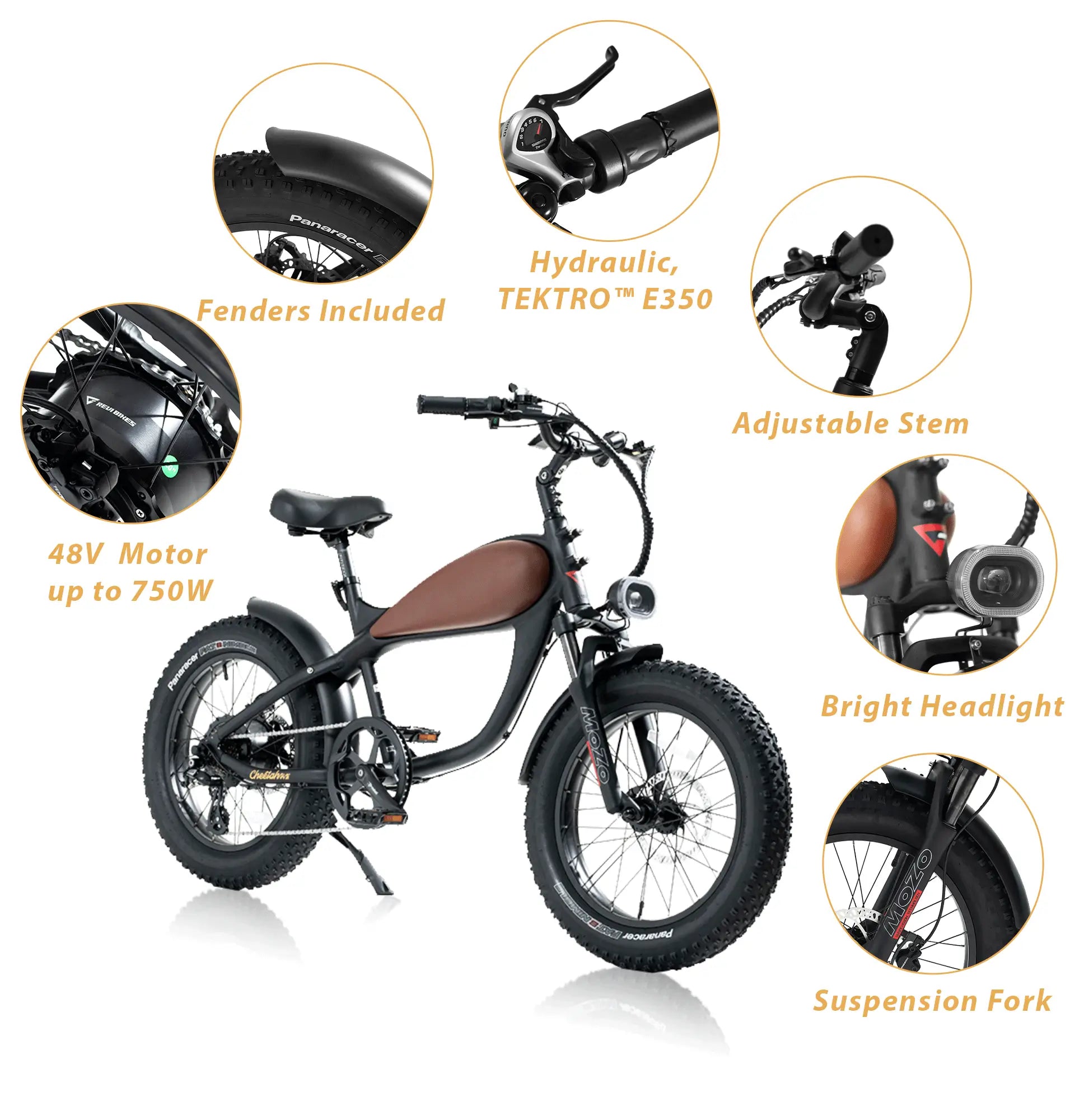 Revi Bikes Cheetah MINI Café Racer 500W 48V Fat Tire Cruiser Electric Bike Designs