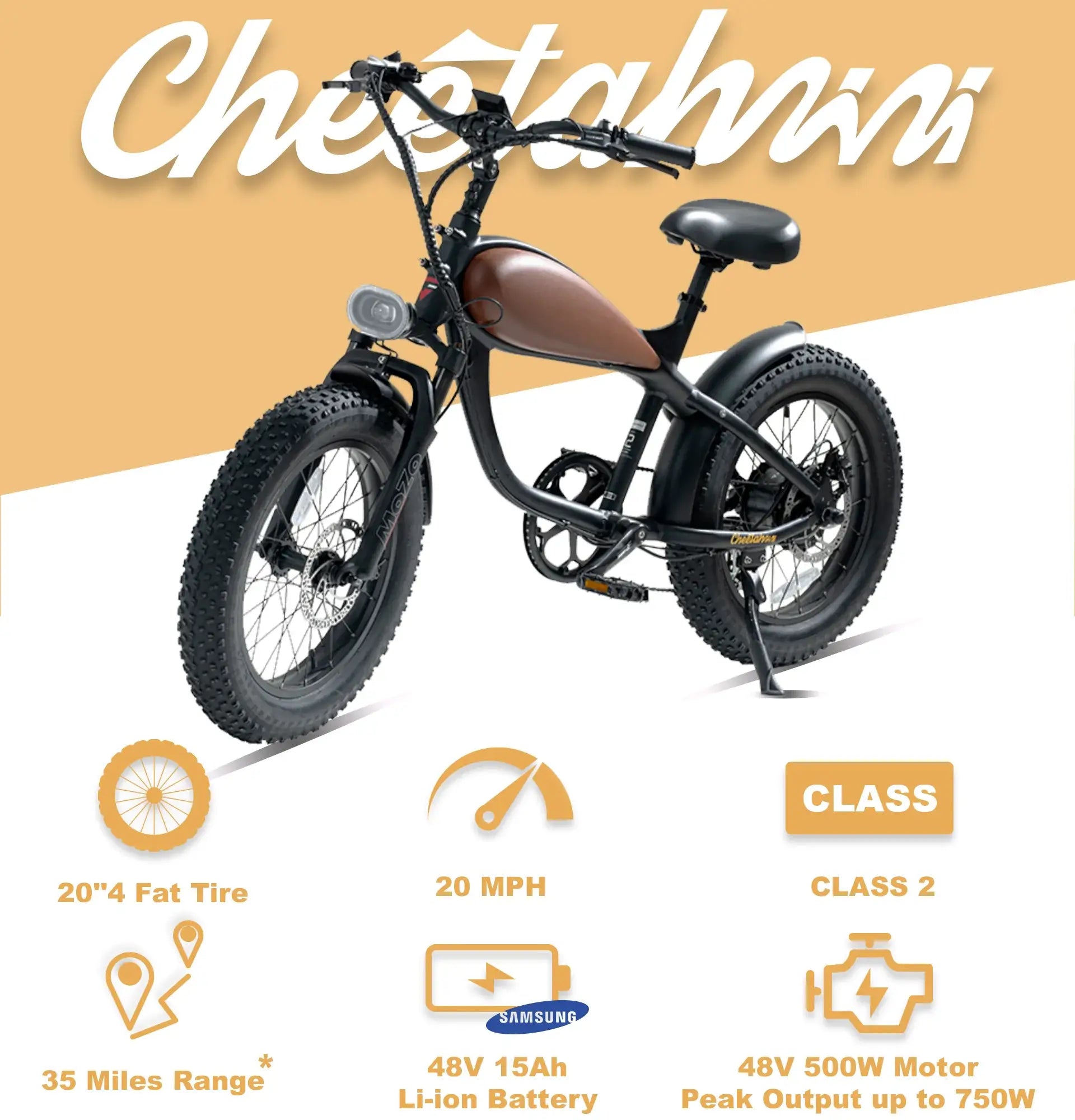 Revi Bikes Cheetah MINI Café Racer 500W 48V Fat Tire Cruiser Electric Bike - Features