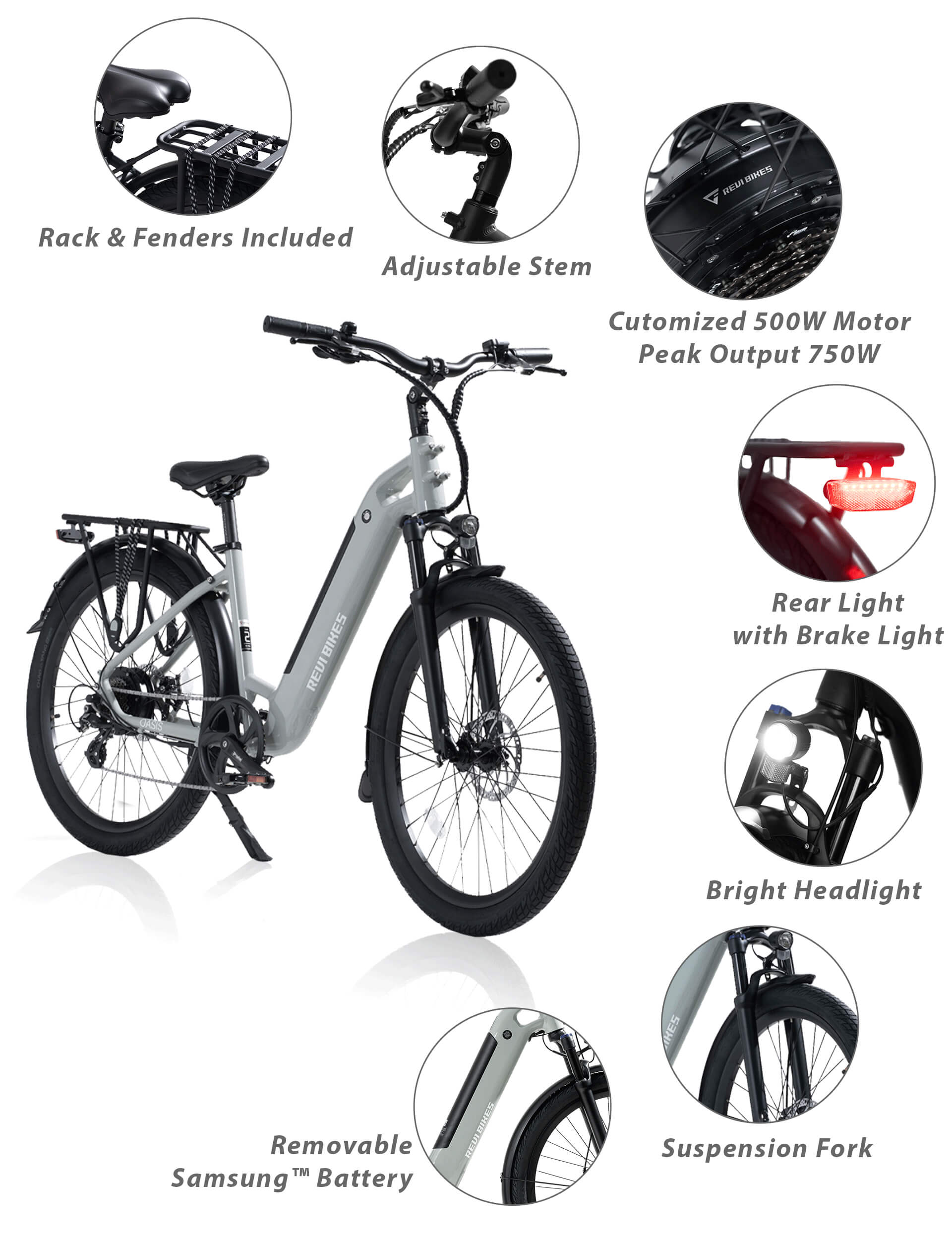Revi Oasis Step-Through 500W 48V Commuter Electric Bike Main Features