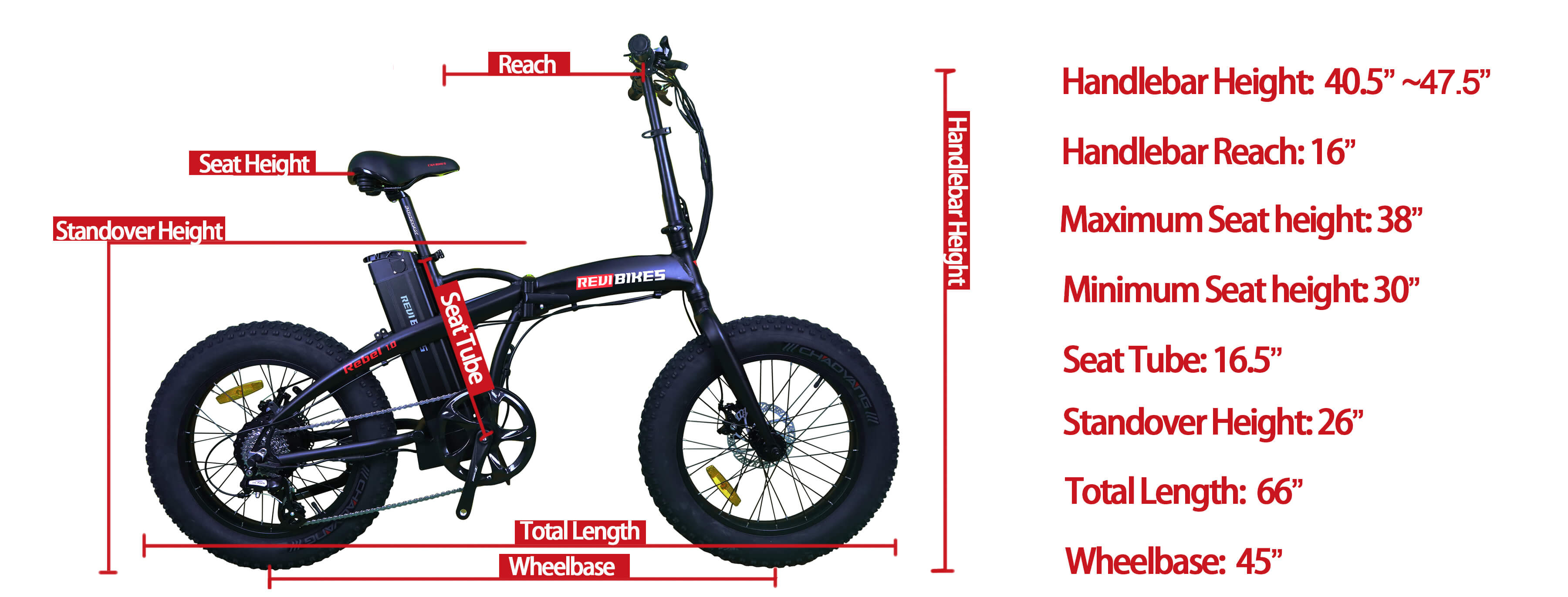 Measurements  Rebel 1.0 Fat Tire Folding Electric Bicycle